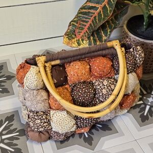 Quilted Patchwork Puff Tote Bag with Wooden Handles - Brown Multi